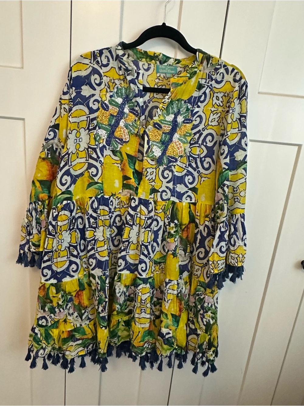 Woman’s Yellow & Blue Patterned Tassel Cotton resort dress